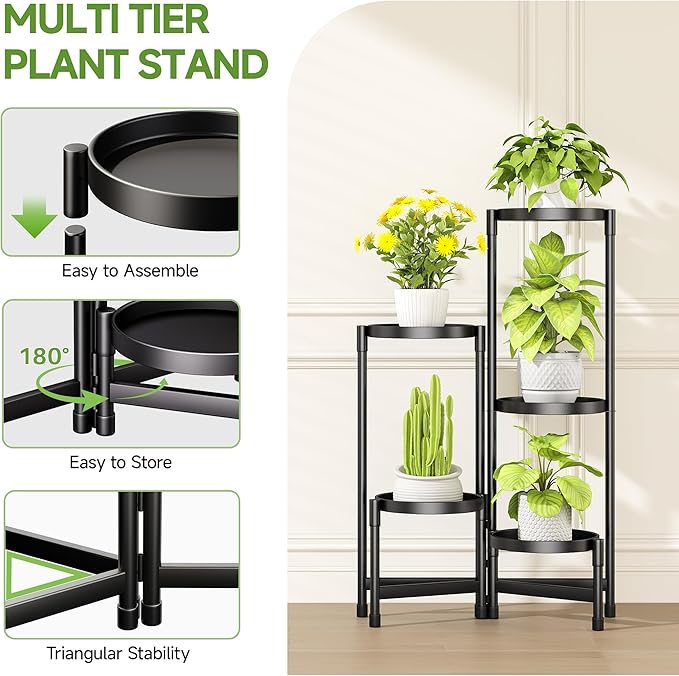 Plant Stand Indoor Outdoor with Tray Corner Metal Flower Display Holder Shelf 5 Tier Folding Tall Orchid Rack for Patio Balcony Porch Garden Living Room House, Black