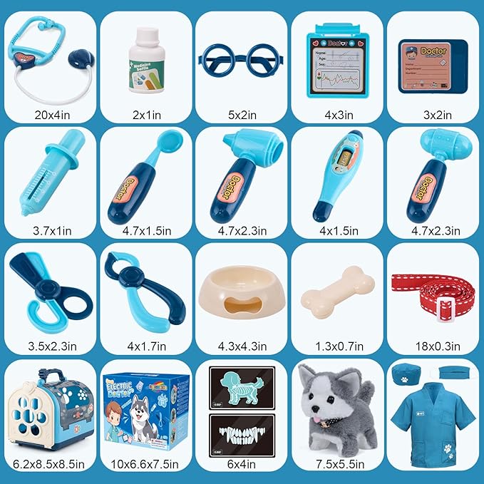 22Pcs Dog Toys for Kids Vet Doctor Kit,Walking Barking Electronic Interactive Husky Dog Toy,Veterinarian Playset for Kids,Pretend Play Birthday Gift Preschool Toy for Boys Toddlers 3 4 5 6+