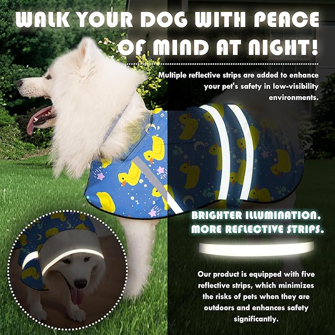 Dog Raincoat, Adjustable Rain Jacket with Hooded Double Layer for Large Medium Small Dogs Puppies, Lightweight Waterproof Rain Coat Poncho with Reflective Stripe Duck Blue,M