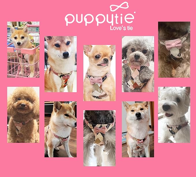 Puppytie No Pull Dog Harness with Multifunction Dog Leash,Soft Adjustable No Choke Escape Proof Pet Harness Vest for Medium Dogs,Suede Bow Pink,M