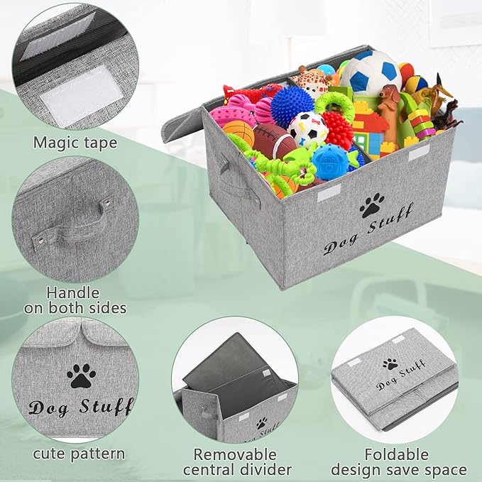 Geyecete Large Storage Boxes - Large Linen Fabric Foldable Storage Cubes Bin Box Containers with Lid and Handles for Dog Apparel & Accessories, Dog Toys(Snow Grey)