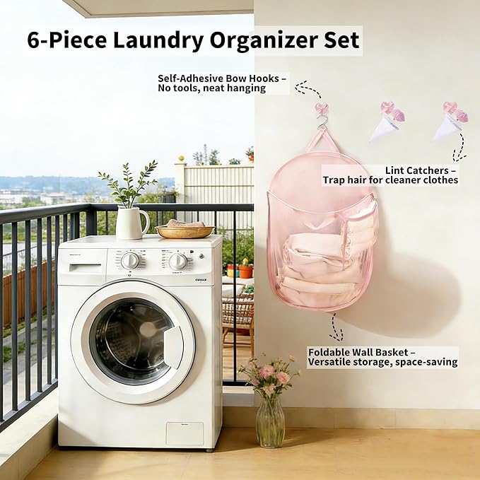 Pink Foldable Mesh Pop Up Laundry Hamper Set with Washing Machine Pet Hair Catcher, Lint Remover & Self-Adhesive Bow Hooks – Breathable and Space-Saving Design for Balcony Laundry Room Organization