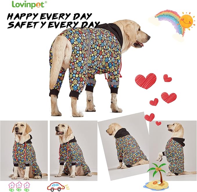 LovinPet Large Big Dog Onesies, Wound Care/Post Surgery Dog Shirt, Stop Shedding for Dogs, Pet Anxiety Relief Pajamas, PJ's for Dogs, Reflective Stripe, Gears and Black Print, Pet PJ's, 2XL