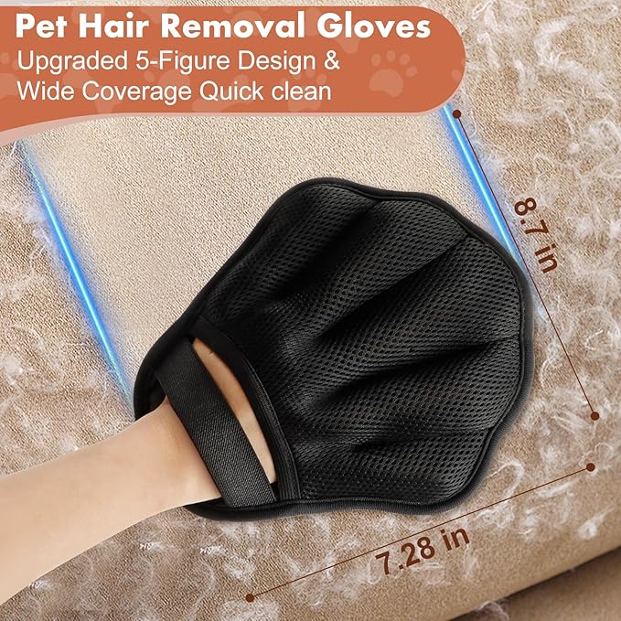 Pet Hair Removal Glove, Electrostatic Pet Hair Remover Glove for Cats & Dogs, Hair Remover Tools for Couch, Carpet, Clothing, Car Seat - Upgraded Five-Finger, Reusable, Black+Black