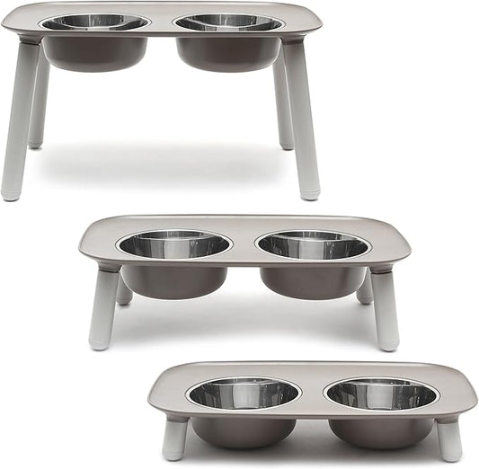 Messy Mutts Elevated Double Feeder with Stainless Bowls | Adjustable Height 3”, 5”, or 10” | Adjustable Standing Feeder for Dogs | 5 Cups per Bowl | Dark Grey