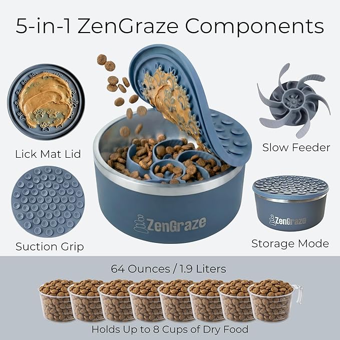 Stainless Steel Slow Feeder Dog Bowl for Large Dogs | 64 oz, Non-Slip Base with Textured Lick Mat Lid & Silicone Slow Feeder Insert – Deep Anti-Gulp Metal Puzzle Bowl for Large Breeds (Steel Gray)