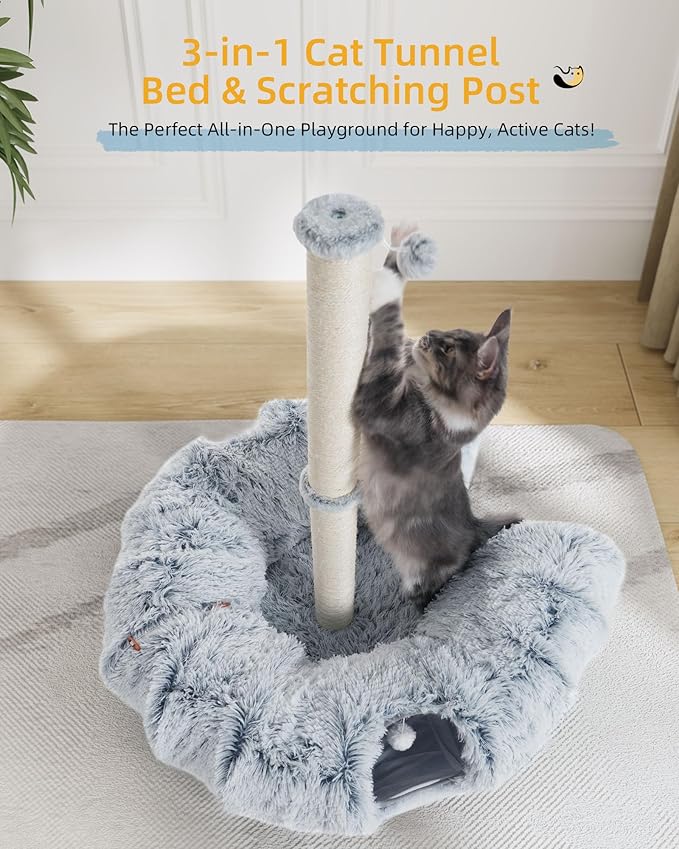 3-in-1 Cat Tunnel Bed, 34'' Tall Cat Scratching Post for Indoor Cats, Fluffy Peekaboo Donut Hideout Toy for Pets, Rabbit, Ferret