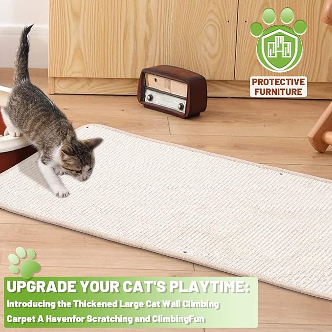 Natural Sisal Cat Scratcher Mat, Wall Scratcher Carpet, Cat Climbing Wall, Large Tall Scratching Post, Sofa Protector, Scratching Mat Pad for Indoor Cats (White, 39.3" Lx15.7 W, 2PCS)