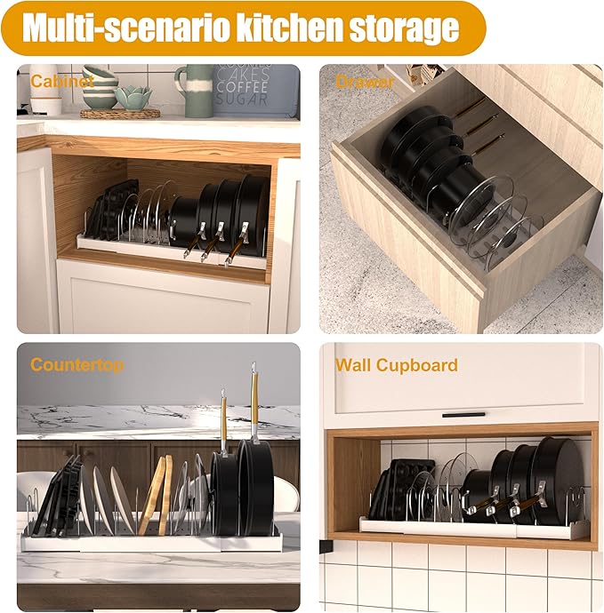 2 Pack Pots and Pans Organizer Racks Inside Cabinet, Expandable Pot & Food Container Lids Holder, Include 20 Stainless Steel Racks & White Plastic Base, Perfect for Kitchen & Countertop