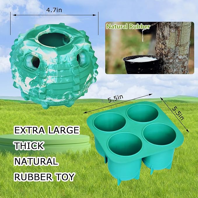 XHX Dog Toy, Durable Large Dog Toys, Freezable Fillable Rubber Dog Toys, Interactive Dog Puzzle Play Toy, Stopper+Silicone Treat Tray (Large, Green and White)