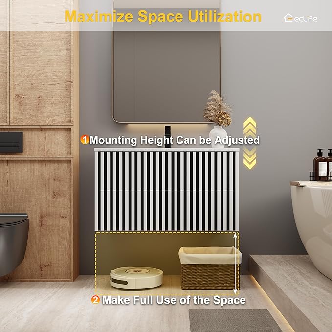 eclife 36" Floating Bathroom Vanity with Sink Combo, Modern Wall Mounted Cabinet with 2 Fluted Drawers, Undermount Sink, Faucet, Drain, Mixed White