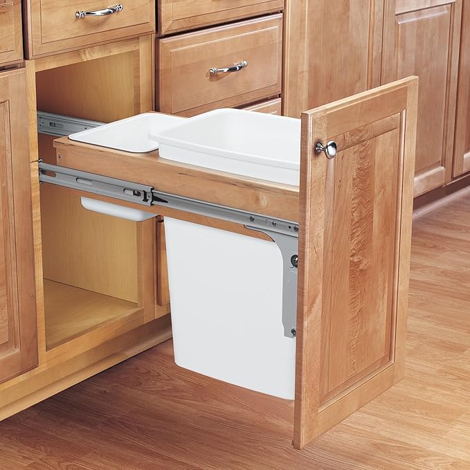 Rev-A-Shelf Top Mount Single Pullout Under Cabinet 35 Quart Kitchen Trash Cans with 150 Pound Rated Full-Extension Slides, 4WCTM-12DM1