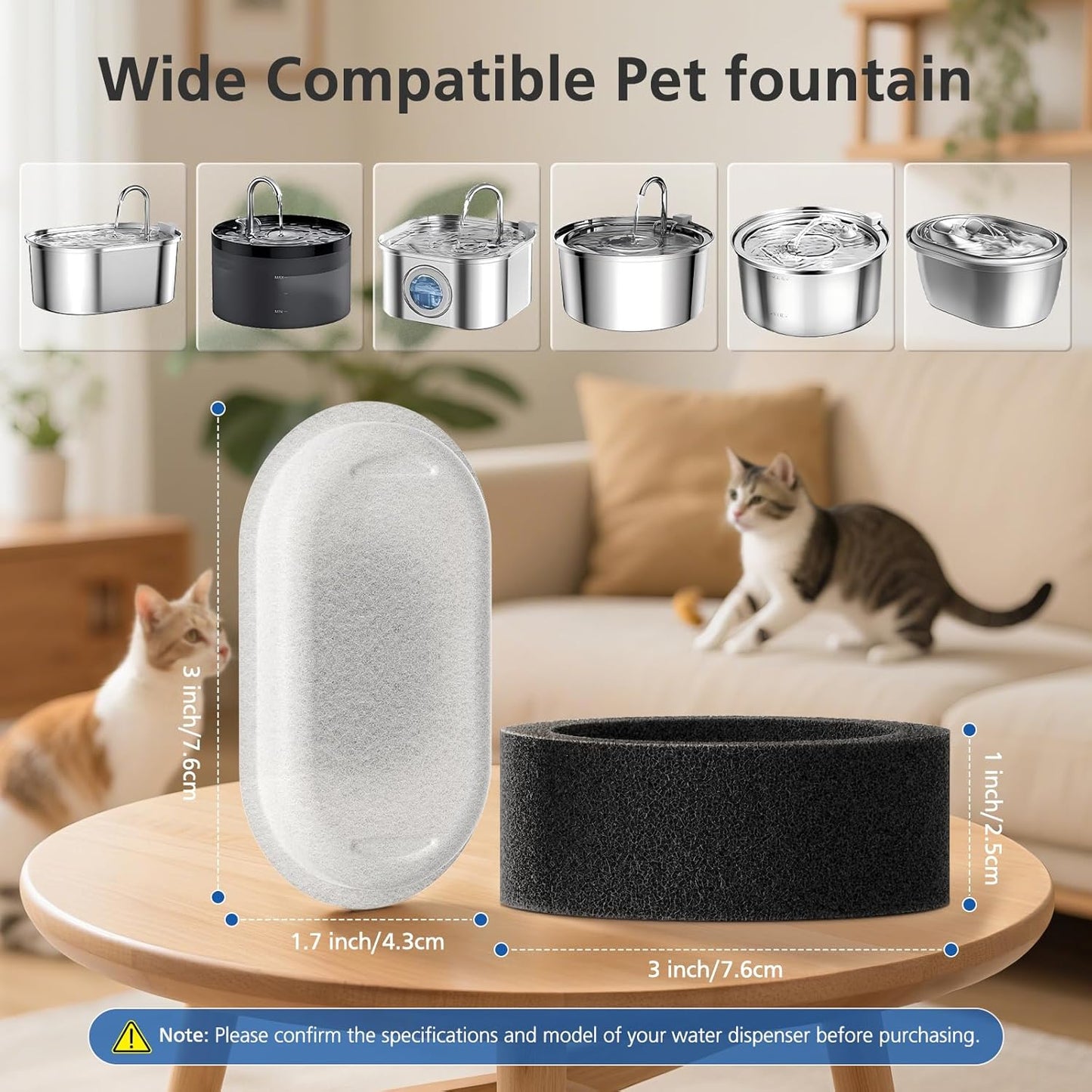 Cat Water Fountain Filter Replacement – 50 Pack (25 Filters + 25 Sponges) for 3.2L & 2L Stainless Steel Dispensers
