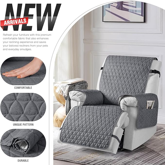 TAOCOCO 100% Waterproof Recliner Cover - Recliner Cover with Non-Slip Granule, Recliner Chair Covers with Elastic Band, Recliner Chair Covers for Reclining Chair(Dark Grey, Oversized-30'')