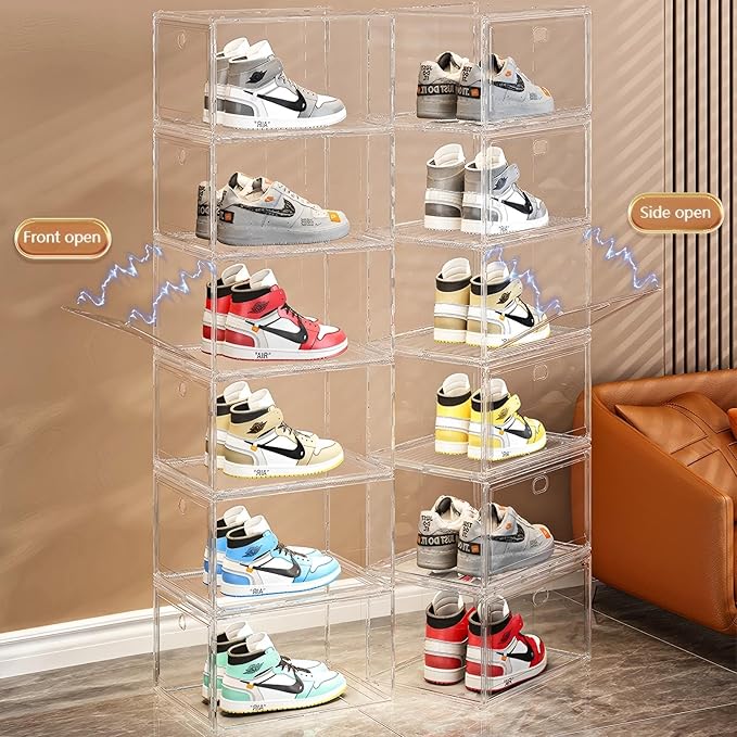 Extra Large Clear Acrylic Shoe Boxes with Magnetic Doors - Stackable Sneaker Display Case for Shoes Storage, Side Opening Dust Proof Organizer Containers for sneakers, Boots, Purses