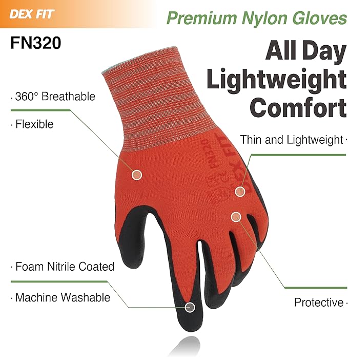 DEX FIT Nylon Work Gloves FN320, 3D Comfort Fit, Power Grip, Lightweight & Breathable, Touchscreen, Gardening, Yard Work, Warehouse, Delivery Driver Gloves; Red 7 (S) 3 Pairs