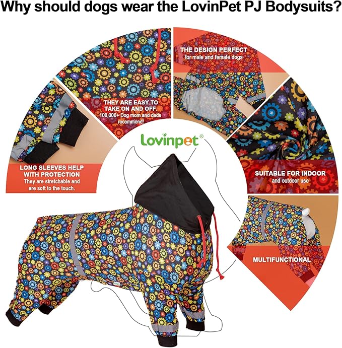 LovinPet Large Big Dog Onesies, Wound Care/Post Surgery Dog Shirt, Stop Shedding for Dogs, Pet Anxiety Relief Pajamas, PJ's for Dogs, Reflective Stripe, Gears and Black Print, Pet PJ's, M
