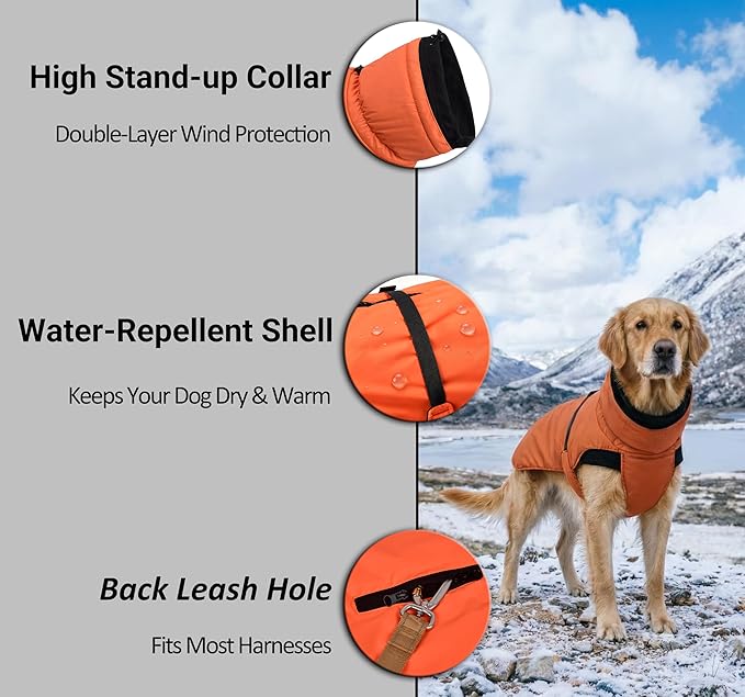 Puffer Dog Winter Coat for Rain and Snow, Water-Repellent and Windproof Jacket Keeps Dogs Warm and Dry, High Collar and Harness Opening Design, Ideal Dog Stocking Stuffer (Aurantium, X-Small)