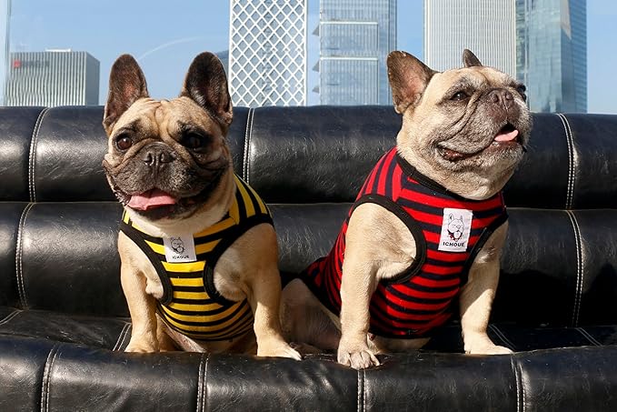 iChoue English Bulldog 100% Breathable Cotton Striped T Shirts Halloween Vest Clothes for Medium Dogs Tank Tops French Frenchie Pug Boston Terrier Pitbull Red Blue Stripes - XLarge