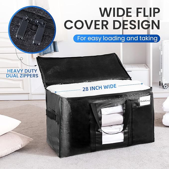 TAILI Extra Large Moving Bags, 12 Pack Black Heavy Duty Totes for Storage with Visible Window, Wrap Around Handles, Storage Bags for Space Saving, Alternative to Moving Boxes