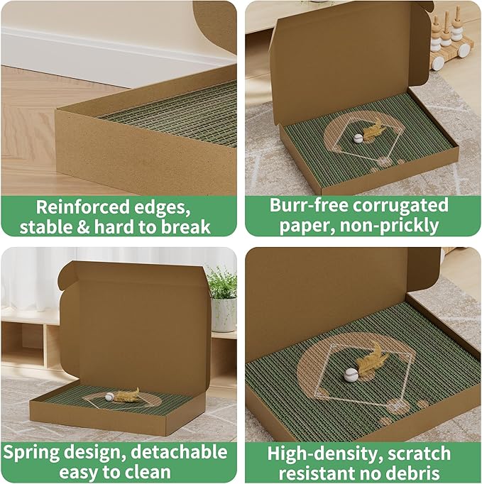 Cat Scratching Board - Baseball Sports Field Design with Elastic Ball, Hide-and-Seek Holes, and Interactive Play Box for Indoor Cats