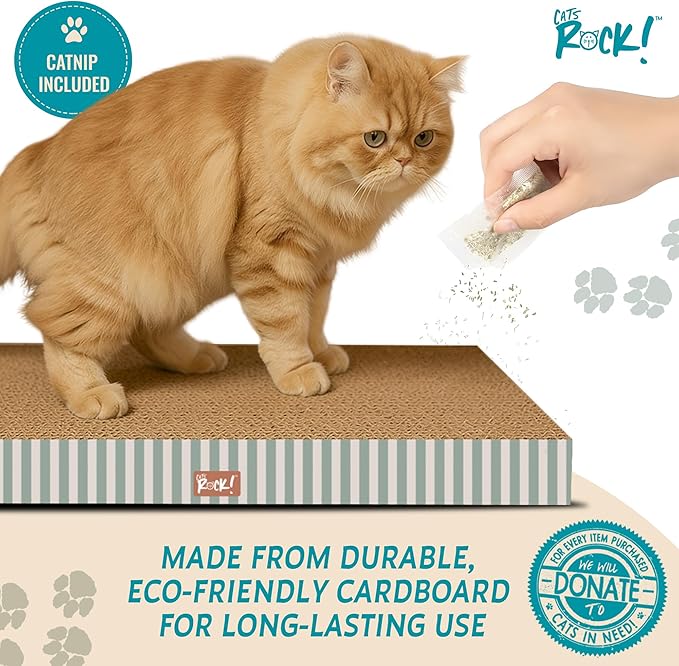 Cats Rock Scratching Board for Indoor Cats, Corrugated Cardboard Cat Scratcher with Catnip, Double-Sided Scratch Pad, Rectangle Scratcher Stripes and Icons Design (Pack of 2)