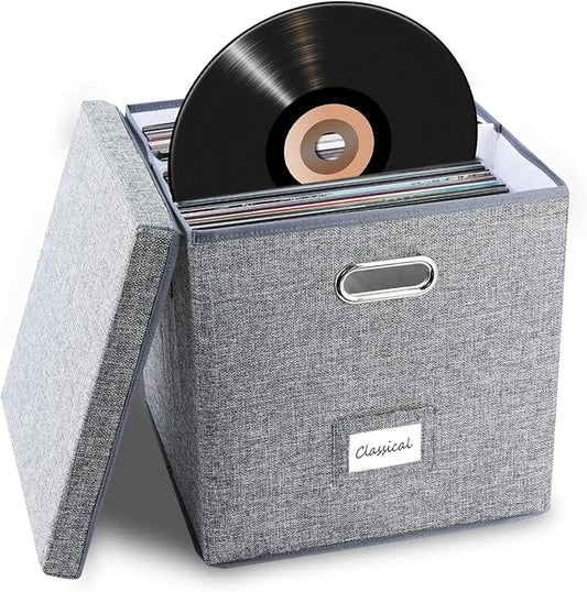Sturdy Vinyl Record Storage Box - Album Storage Holds up 50+ Single Record, LP Storage Organizer Crate With Lid, Decorative Moving Box For Records, Solutions to Protect Your Precious Collection Grey