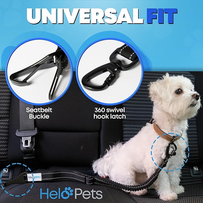 Dog Car Seat Belt 3-in-1 Adjustable Safety Seatbelt for Dogs in Car – Durable Extra Thick Nylon Webbing Bungee with Hook & Buckle Latch, Reflective Dog Harness (Black).