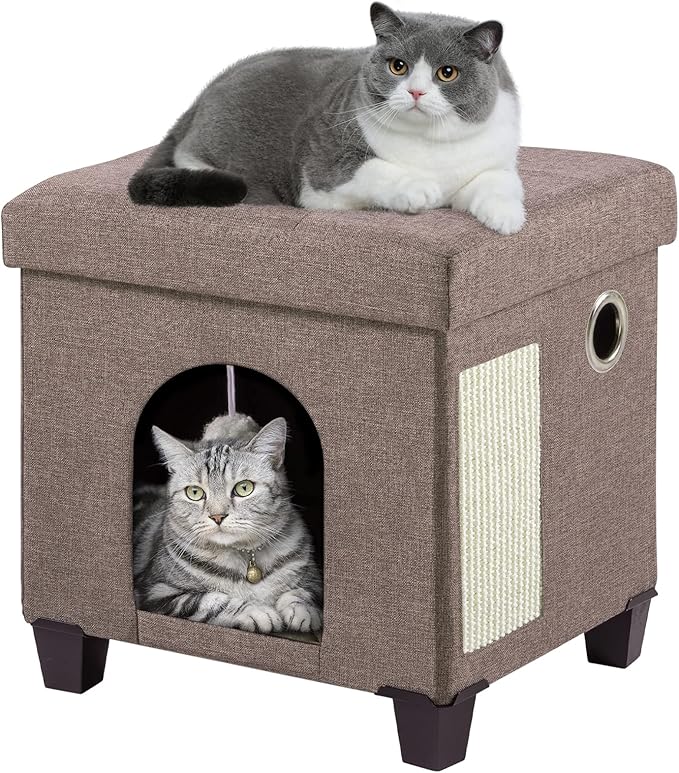 BRIAN & DANY Foldable Cat House, Cat Cave, Cat Cube with Scratch Board & Ball, 14.7" x 14.1” x 12.7”, Brown