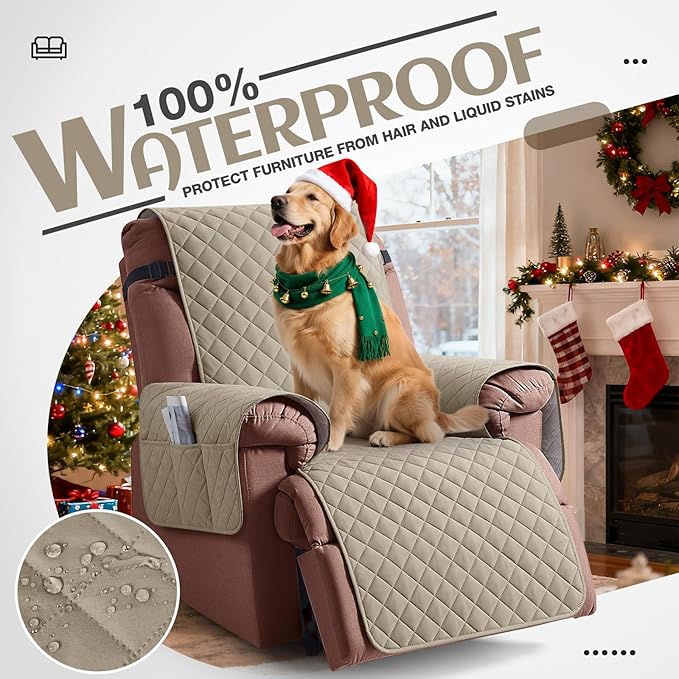 KinCam 100% Waterproof Recliner Chair Cover, Reclining Couch Covers for Pets, Dogs, Recliner Couch Slipcover Furniture Protector with Elastic Straps for Kids(28", Khaki)