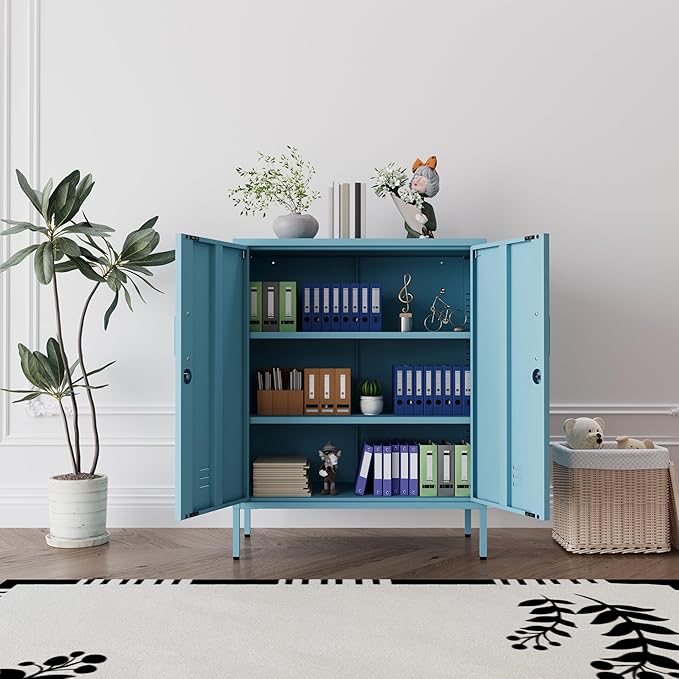 Blue Heavy Duty Metal Storage Cabinet, Multifunctional Lockable Cabinet with 3 Adjustable Shelves, Secure Industrial Organizer for Home Office School, Easy Assembly, 40" H x 31.5" W x 15" D