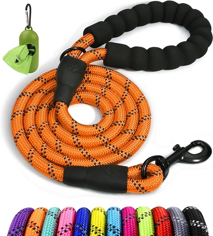 Taglory Rope Dog Leash 5 FT with Comfortable Padded Handle, Highly Reflective Threads Leash for Small Dogs, 3/8 inch, Orange