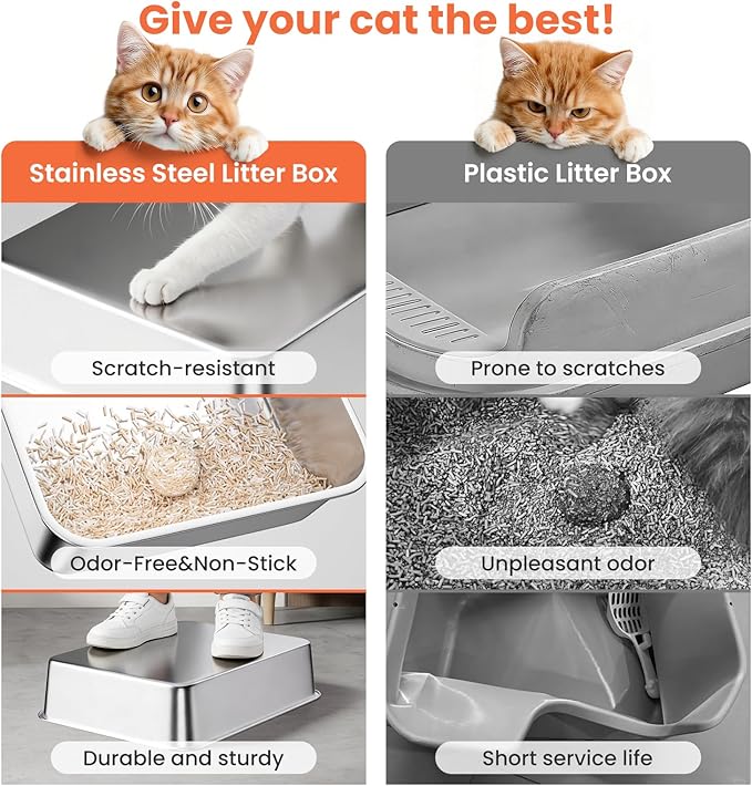 Stainless Steel Cat Litter Box, Metal Kitty Litter Box Includes Litter Mat & Scoop, Easy Cleaning Anti-Scratch Kitty Cat Box Anti-Urine Leakage, Non-Sticky, Perfect for Small Cats, Black