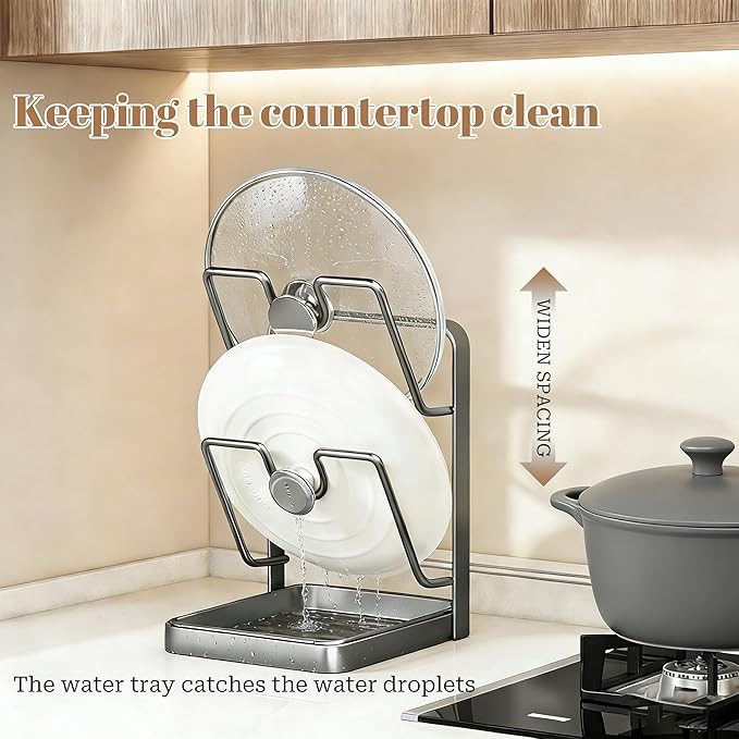 304 Stainless Steel Kitchen Pot Lid Storage Rack, Pot Lid Holder while Cooking, Pot Lid Organizer with Removable Tray & Spoon Rest,Waterproof & Rustproof (Beige, 1 Layer)