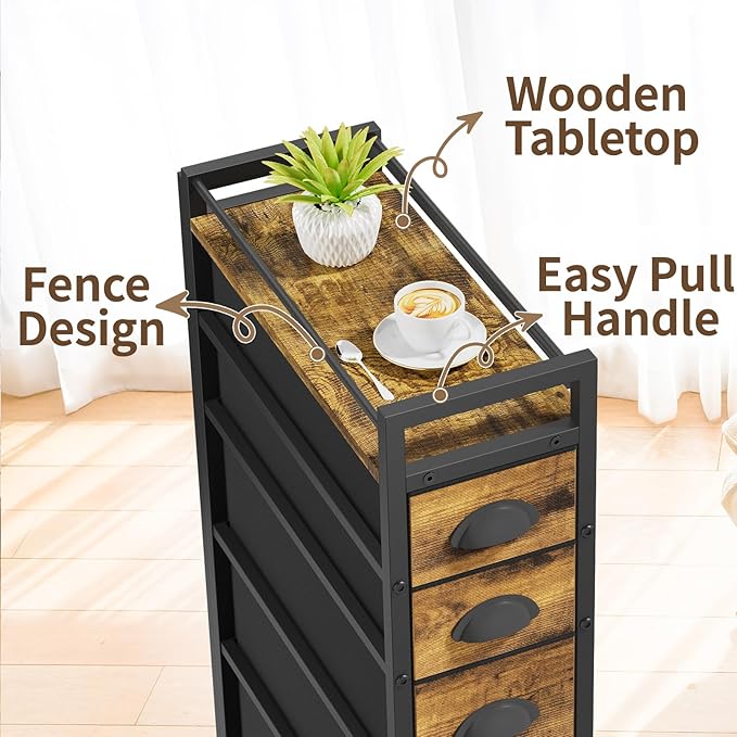 LASZOLA 5 Drawer Narrow Dresser Slim Cabinet Skinny Storage Tower Chest, Ideal for Small Spaces Bathroom Bedroom, Between Washer and Dryer, Lightweight Mobile on Wheels, Sturdy Fabric Drawers, Brown