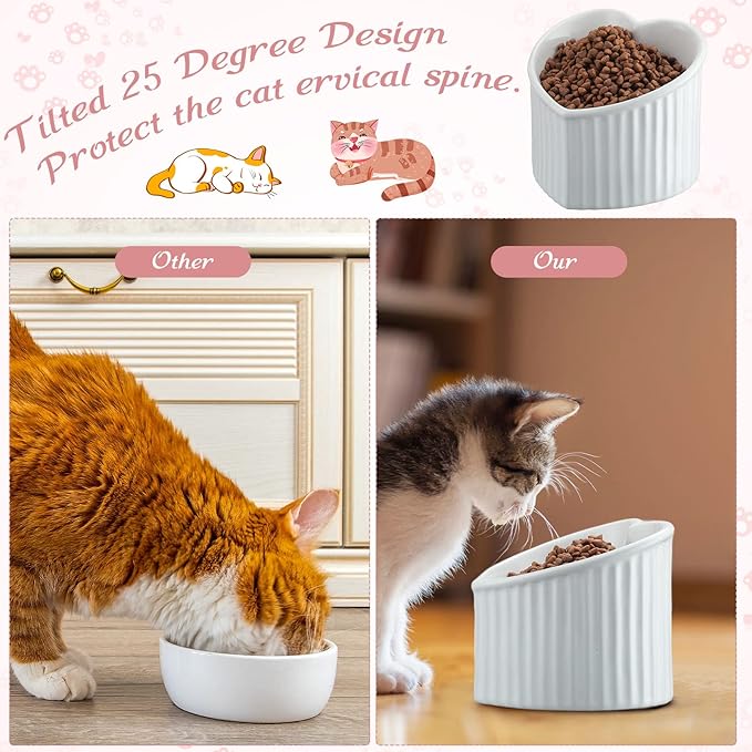 Mumufy 2 Pcs Ceramic Elevated Cat Bowls Tilted Elevated Raised Pet Bowls Anti Vomit Cat Dish for Indoor Stress Free Water Dish Feeder for Puppies, Heart Shaped(Pink, White)