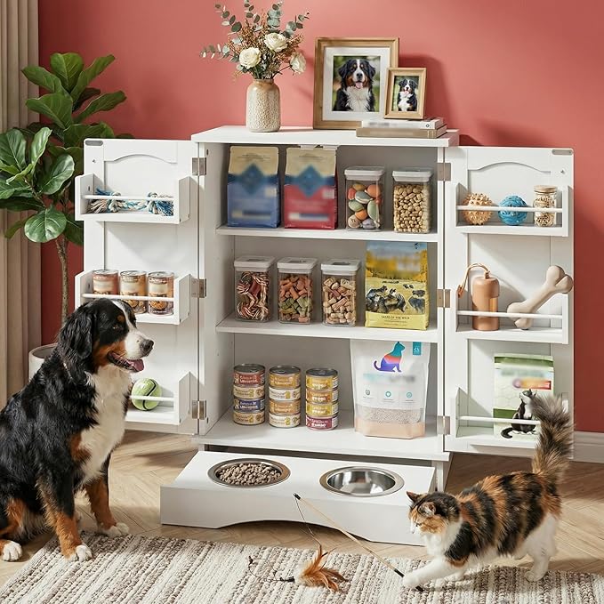 Dog Storage Cabinet with Bowls, Pet Food Storage Cabinet with Adjustable Shelves, Hidden Dog Feeding Station with Hooks, Letter Stickers, Pet Storage Organizer for Cats and Dogs, White