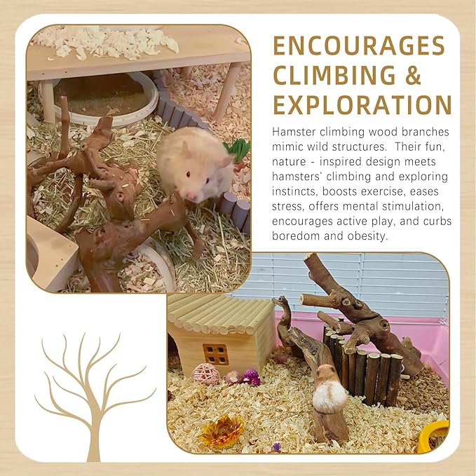 kathson 2PCS Wood Hamster Climbing Branches Decor, Natural Wooden Syrian Hamster Climb Chewing Toys, Rat Exercise Toys, Small Animal Habitat Decor Accessories for Dwarf Pets, Gerbils, Mice (7.8IN)