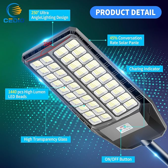 CEDIO Solar Street Lights, Outdoor Solar Lights IP66 Waterproof Street Light Dusk to Dawn, LED Flood Light with Motion Sensor for Yard (9800W-2PACK)