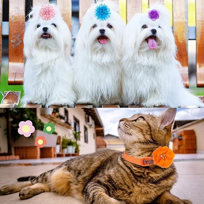 Saintrygo 42 Pcs Dog Collar Flowers Bow Accessories Bulk Multi Color Dog Floral Charms Bow Tie Pet Flower Bows for Small Medium Large Puppy Cat Grooming Easter Wedding Birthday Parties(Cute Colors)