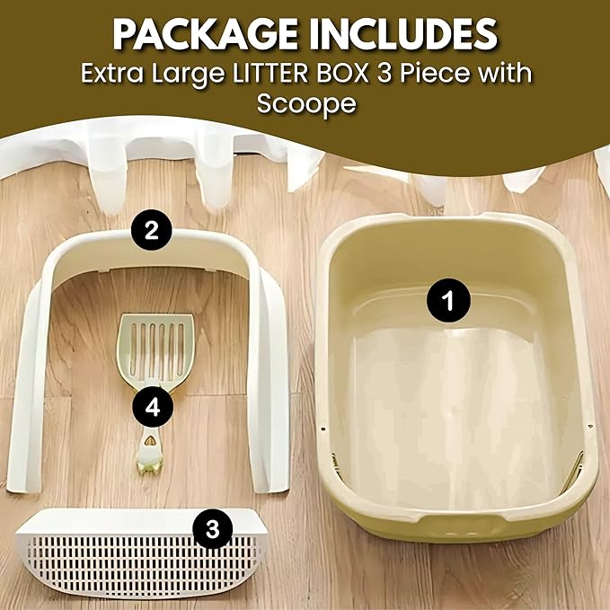 Large Open-Top Cat Litter Box with High Sides, Enclosed Scatter Shield Design, Easy Clean Plastic Litter Pan, Includes Scoop (Pale Beige)