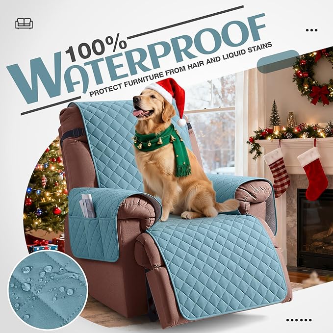 KinCam 100% Waterproof Recliner Chair Cover, Reclining Couch Covers for Pets, Dogs, Recliner Couch Slipcover Furniture Protector with Elastic Straps for Kids(23.6", Light Blue)