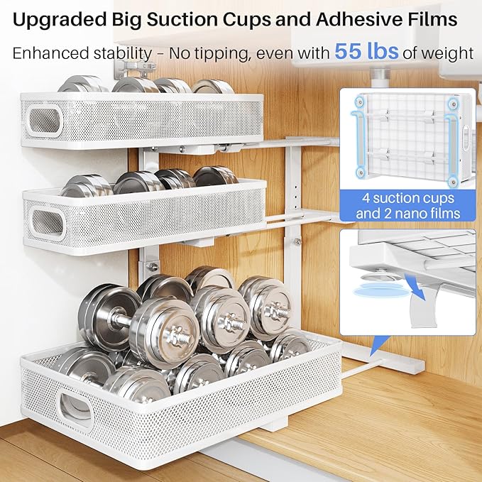 HERJOY Under Sink Organizer, 2-Pack 3-Tier Height Adjustable Thickened Metal Pull out Cabinet Organizer Shelf, Slide out Storage Drawer Rack for Bathroom Kitchen Pantry Home Laundry Organization White