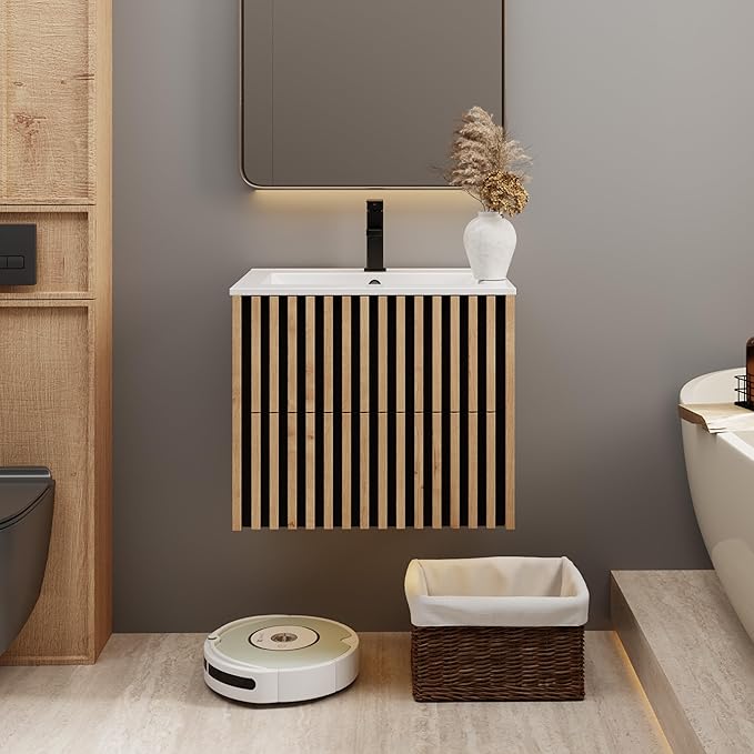 eclife 24" Floating Bathroom Vanity with Sink Combo, Modern Wall Mounted Cabinet with 2 Fluted Drawers, Undermount Sink, Faucet, Drain, Mixed Natural