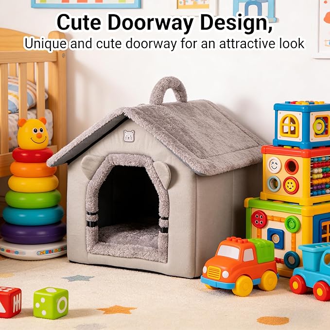Lovely Cat Bed for Indoor Cats, Cartoon Pattern Cat Cave Bed with Handle Design, Soft Cat Hideaway Indoor Cat House for Kitten, Puppy & Small Pets (M)