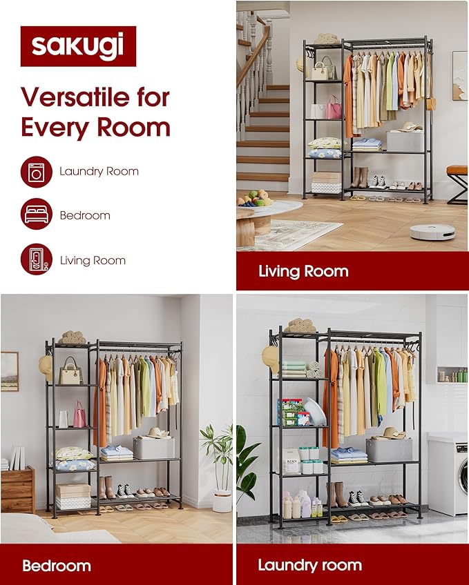 Closet Organizers and Storage - Free-Standing Clothes Rack with Leveling Feet & Wall-Anchor Straps, Wardrobe Closet with 6 Hooks for Bedroom, Living Room, Laundry, 48.8"×12.6"×62.2", Black