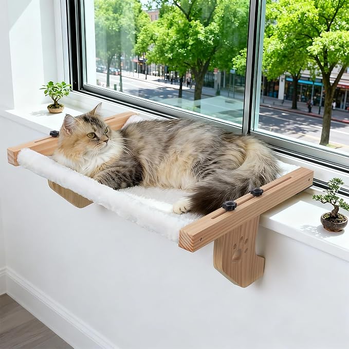 ESPETS Cat Window Sill Perch, Sturdy Cat Hammock Beds Window Seats with Soft Cusion, Large Cats and Kittens-22.5 Inch (White)
