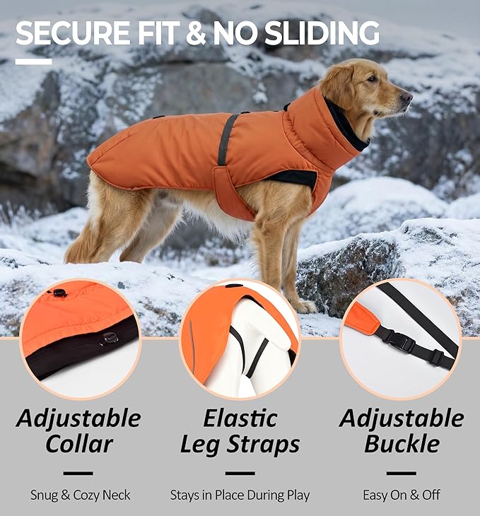 Puffer Dog Winter Coat for Rain and Snow, Water-Repellent and Windproof Jacket Keeps Dogs Warm and Dry, High Collar and Harness Opening Design, Ideal Dog Stocking Stuffer (Aurantium, Medium)