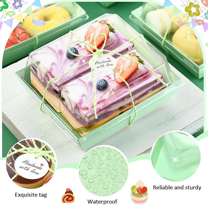 Outus 100 Pack Charcuterie Boxes with Clear Lids, 5.7 x 5.1 '', Mother 's Day Back to School Paper Food Containers Cake Take out Bakery Boxes with Gift Tags Rope for Desserts(Light Green,Classic)
