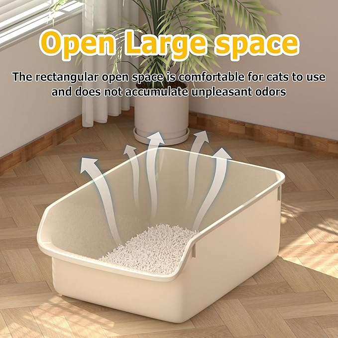 Large Cat Litter Box with High Side Cat Litter Pan Boxes for Indoor Cats Kitty Litter Box with Low Entry Open Top Entrance,Anti-Splashing (White)